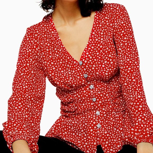 NWT TOPSHOP Floral Ruched Side Top In Red - Picture 2 of 6